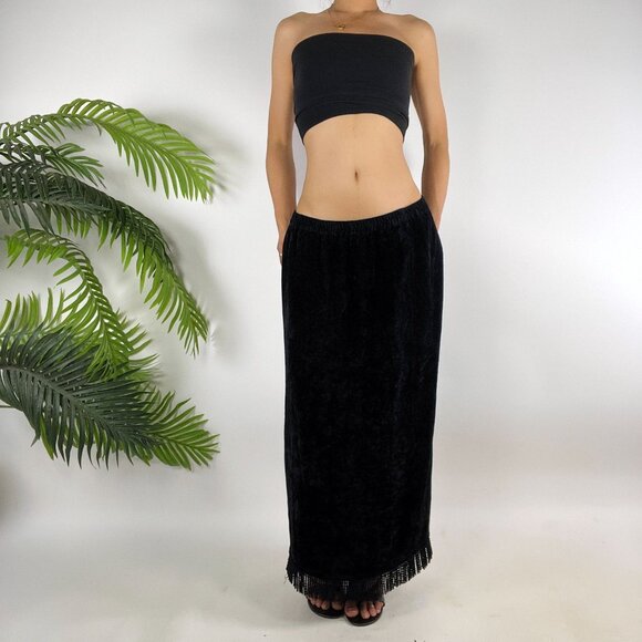Vintage 90s Black Velvet Whimsygoth Fairy Grunge Low Rise Boho Maxi Skirt / L - Picture 5 of 7
